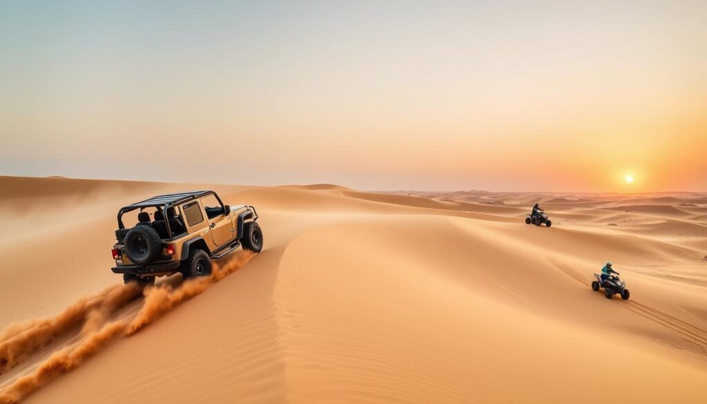 sand dune bashing, camel ride in desert Dubai, quad biking in Dubai desert